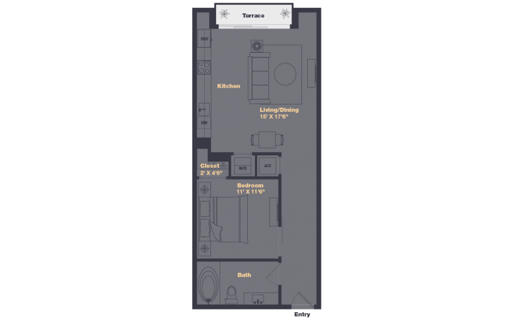 A1 - 1 bedroom floorplan layout with 1 bath and 698 to 731 square feet.