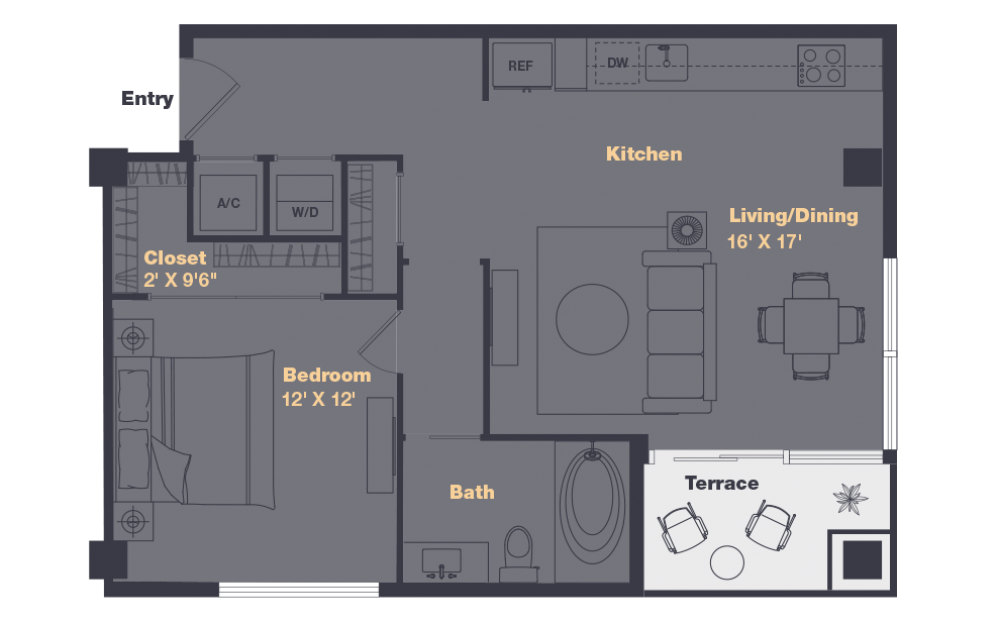 A2 - 1 bedroom floorplan layout with 1 bath and 775 to 776 square feet.