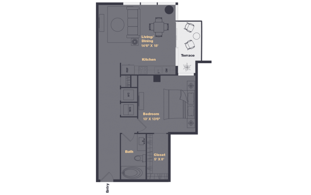 A4 - 1 bedroom floorplan layout with 1 bath and 825 square feet.
