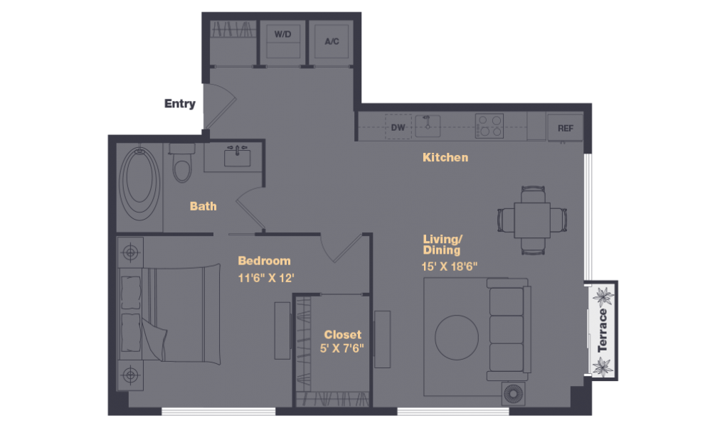 A5 - Renovated - 1 bedroom floorplan layout with 1 bath and 810 to 864 square feet.