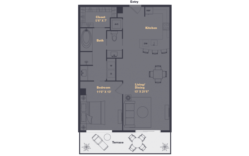A6 - 1 bedroom floorplan layout with 1 bath and 910 to 911 square feet.