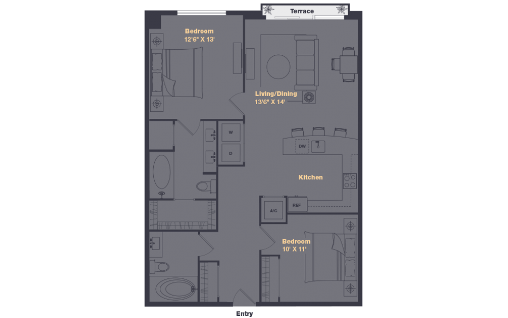 B1 - 2 bedroom floorplan layout with 2 baths and 1070 square feet.