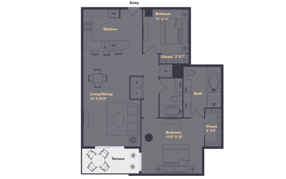 B2 - Renovated - 2 bedroom floorplan layout with 2 baths and 1224 square feet.
