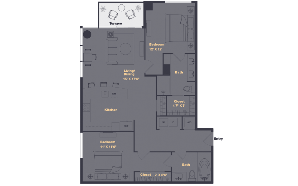 B3 - 2 bedroom floorplan layout with 2 baths and 1232 square feet.