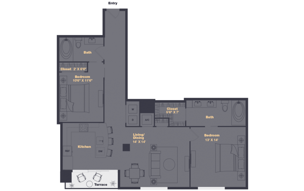 B4 - 2 bedroom floorplan layout with 2 baths and 1254 square feet.
