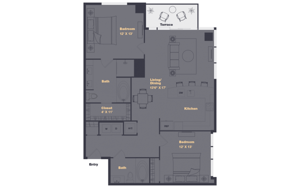 B5 - 2 bedroom floorplan layout with 2 baths and 1291 square feet.