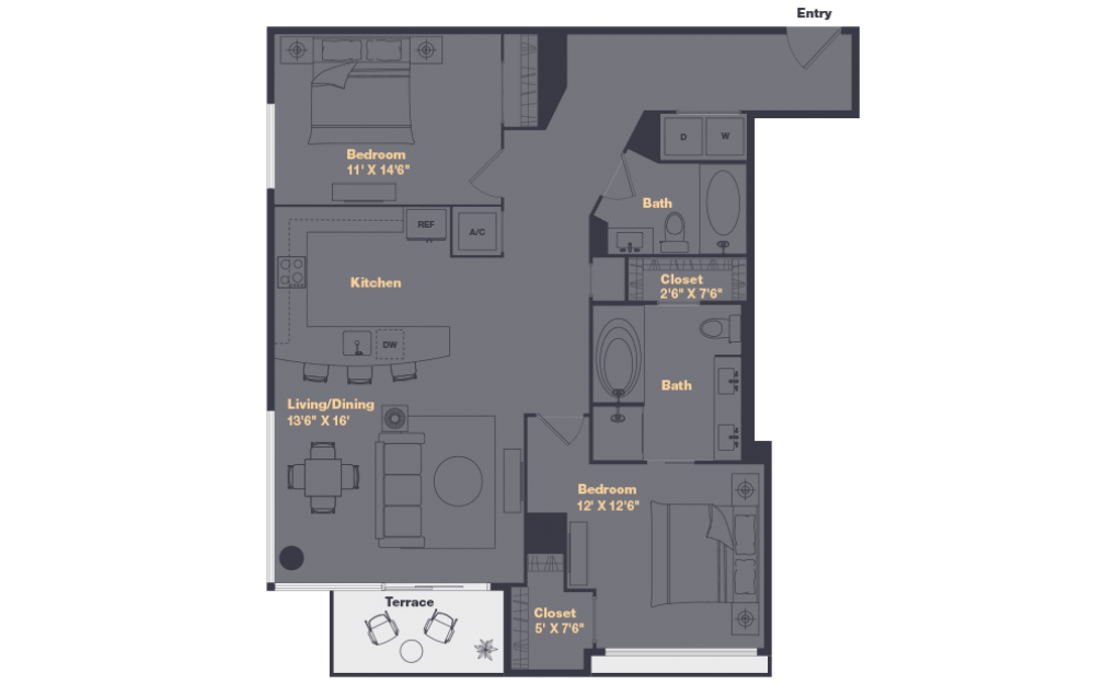 B6 - 2 bedroom floorplan layout with 2 baths and 1312 square feet.