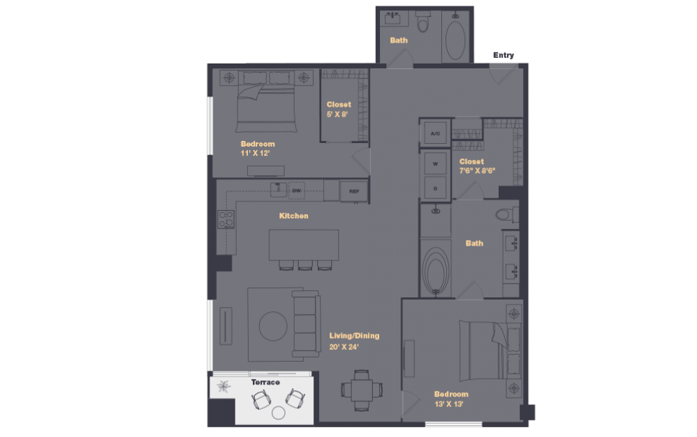B7 - 2 bedroom floorplan layout with 2 baths and 1378 to 1379 square feet.