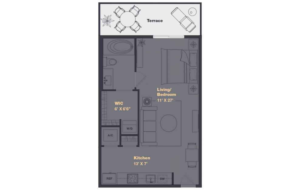 S1 - Renovated - Studio floorplan layout with 1 bath and 514 square feet.