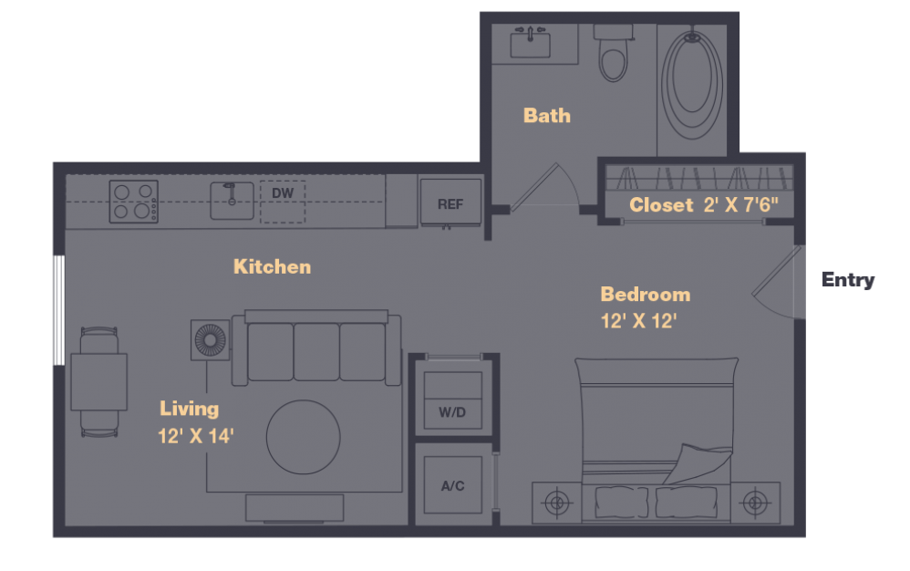 S3 - Studio floorplan layout with 1 bath and 543 to 544 square feet.